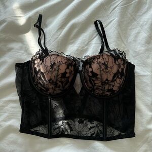 Victoria's Secret Black Lace Longline Balconette Bra with Nude Lining